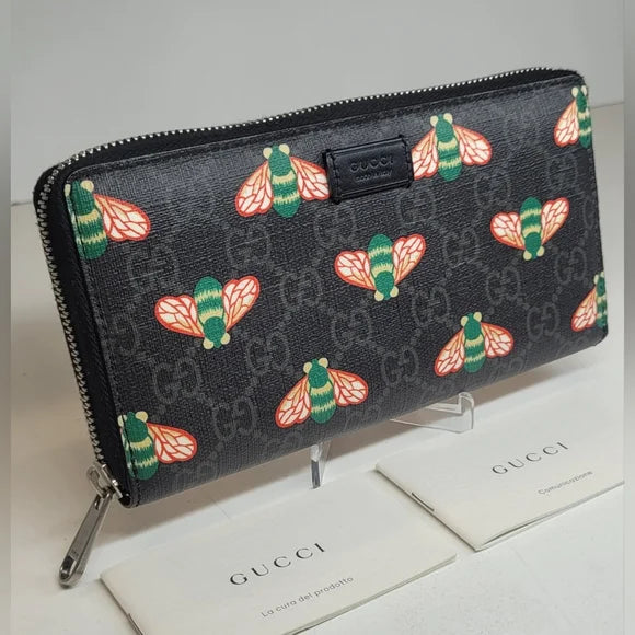 Gucci Bestiary Black GG Coated Canvas Bee Wallet