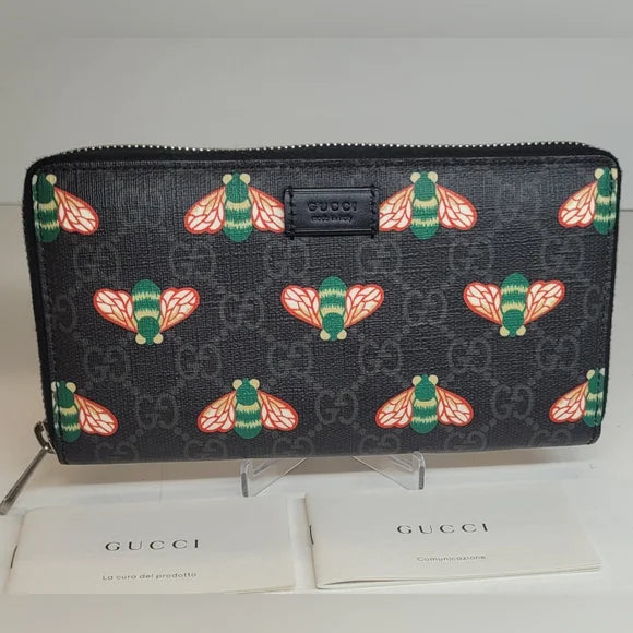 Gucci Bestiary Black GG Coated Canvas Bee Wallet