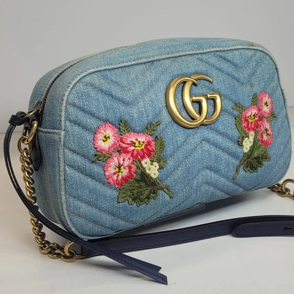 Gucci Marmont Blue Denim Floral Embroidered Large Bag