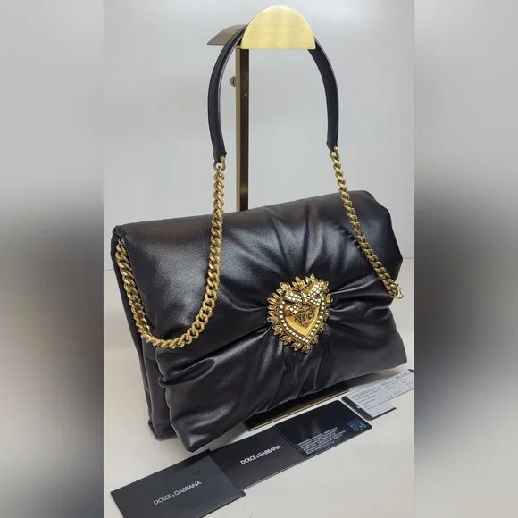 Dolce & Gabbana Devotion Lg Black Padded Calfskin Leather Bag π©·