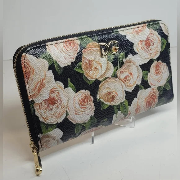 Dolce & Gabbana Black Leather Floral Long Zippy Wallet