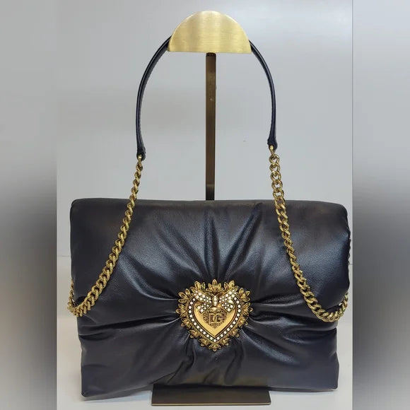 Dolce & Gabbana Devotion Lg Black Padded Calfskin Leather Bag π©·