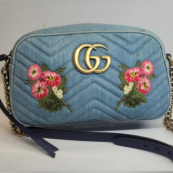 Gucci Marmont Blue Denim Floral Embroidered Large Bag