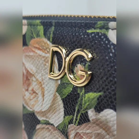 Dolce & Gabbana Black Leather Floral Long Zippy Wallet
