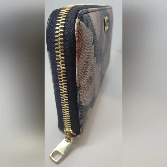 Dolce & Gabbana Black Leather Floral Long Zippy Wallet