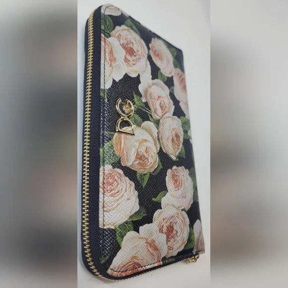 Dolce & Gabbana Black Leather Floral Long Zippy Wallet