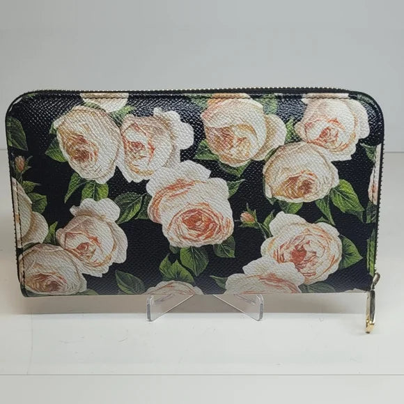 Dolce & Gabbana Black Leather Floral Long Zippy Wallet