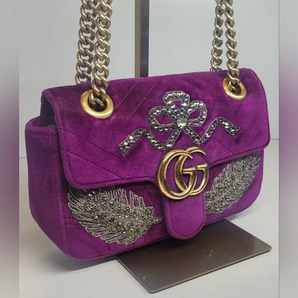 Gucci GG Marmont RARE Purple Velvet Crystal Embellished Handbag
