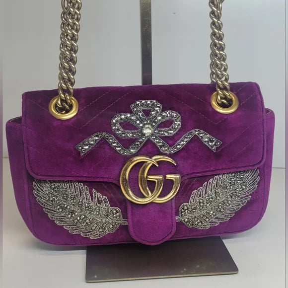Gucci GG Marmont RARE Purple Velvet Crystal Embellished Handbag