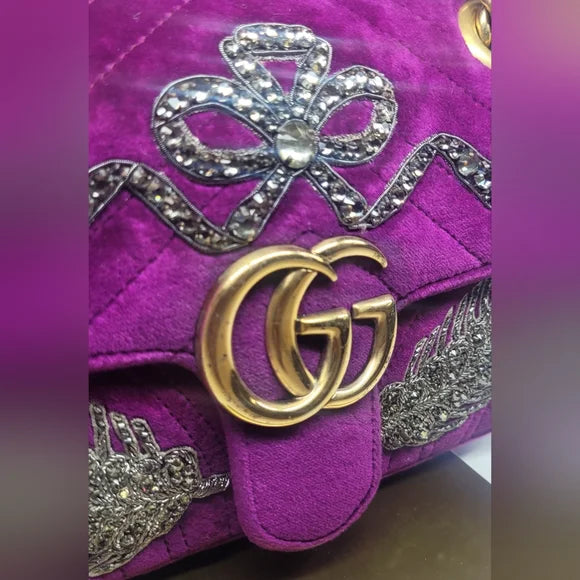 Gucci GG Marmont RARE Purple Velvet Crystal Embellished Handbag