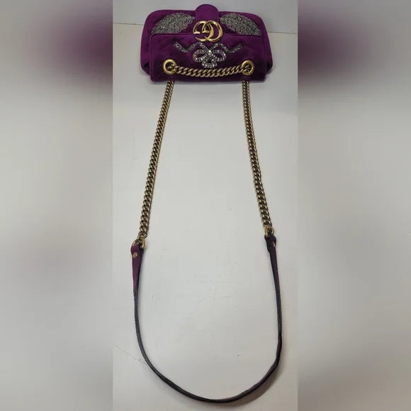 Gucci GG Marmont RARE Purple Velvet Crystal Embellished Handbag