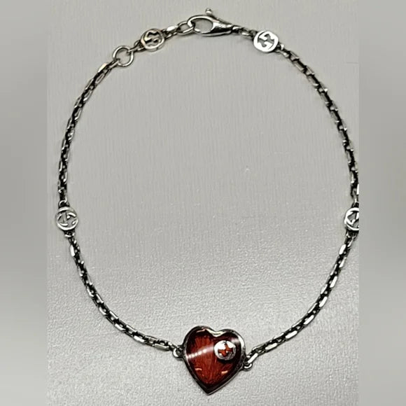 Gucci Interlocking G Red Enamel Heart Pendant Bracelet 925 silver