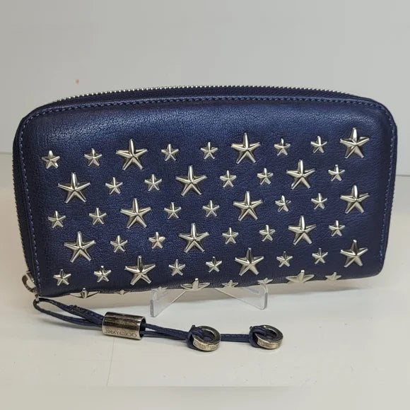 Jimmy Choo Filipa Star Studded Navy Blue Leather Wallet
