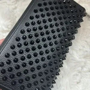 Christian Louboutin Black Leather Panettone Spike Zip Around Wallet