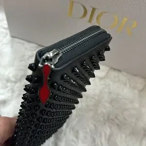 Christian Louboutin Black Leather Panettone Spike Zip Around Wallet