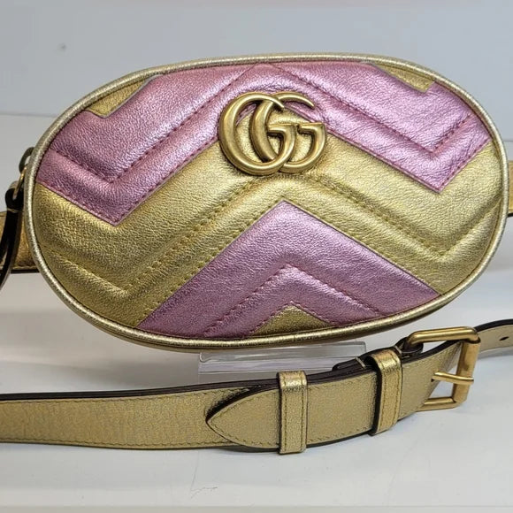 Gucci GG Marmont Pink/Gold Leather Bumbag,Belt Bag, Crossbody bag🩷