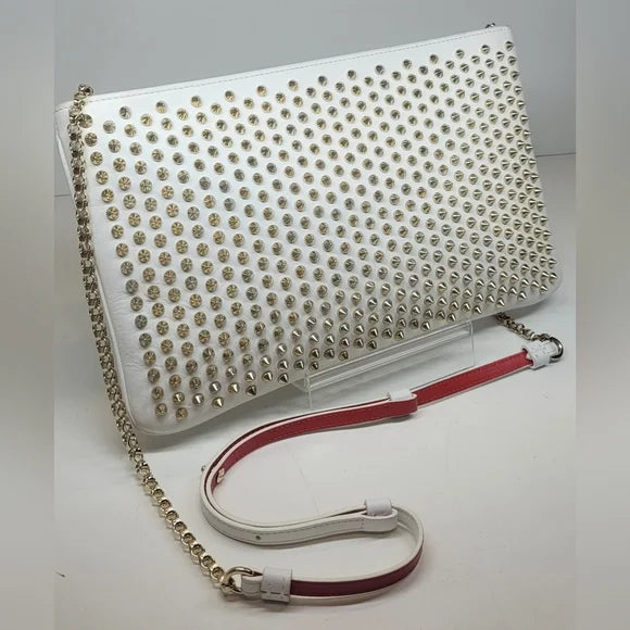 Christian Louboutin White Leather Gold Studded Clutch