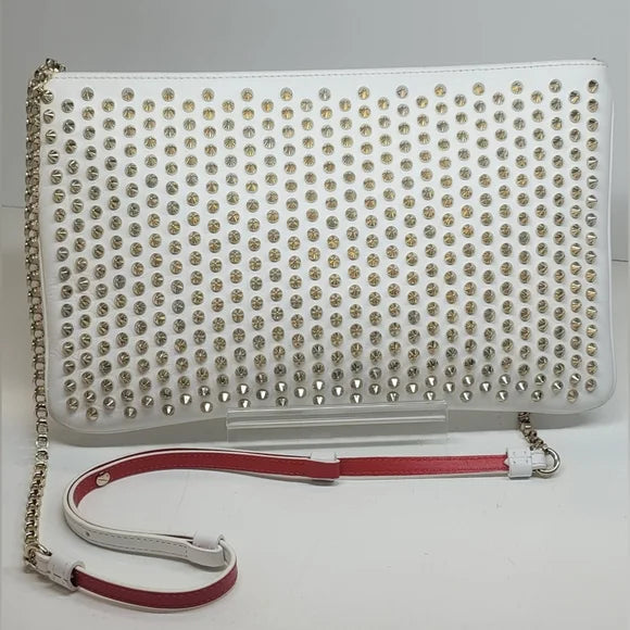 Christian Louboutin White Leather Gold Studded Clutch