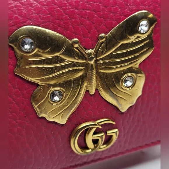 Gucci GG Marmont Hot Pink Butterfly Leather Bi-Fold Wallet