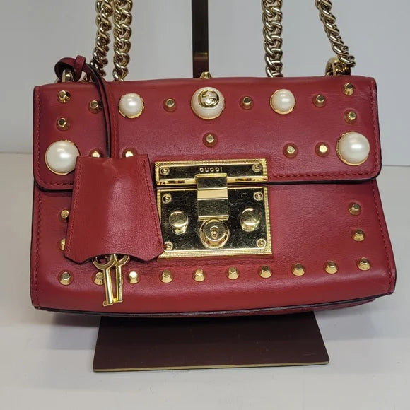 Gucci GG Pearly Padlock Studded Red Leather Shoulder Bag