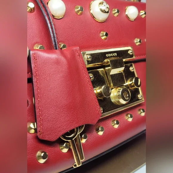 Gucci GG Pearly Padlock Studded Red Leather Shoulder Bag