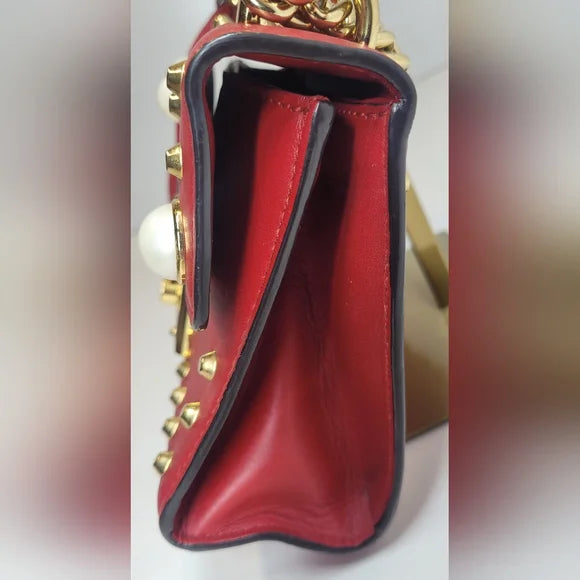 Gucci GG Pearly Padlock Studded Red Leather Shoulder Bag