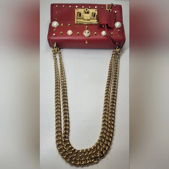 Gucci GG Pearly Padlock Studded Red Leather Shoulder Bag