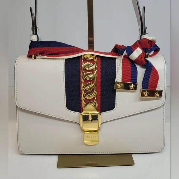 Gucci Sylvie 2 Way White Calfskin Leather Handbag