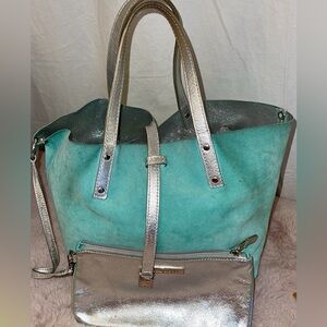 Tiffany & Co. Metallic Silver x Green Reversible Tote with Pouch