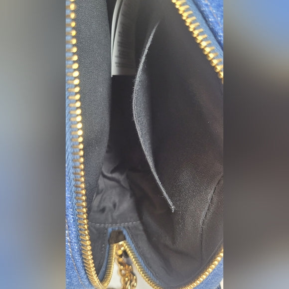 Versace Blue and Gold Crossbody Bag with Textured Fabric and Zipper Closure