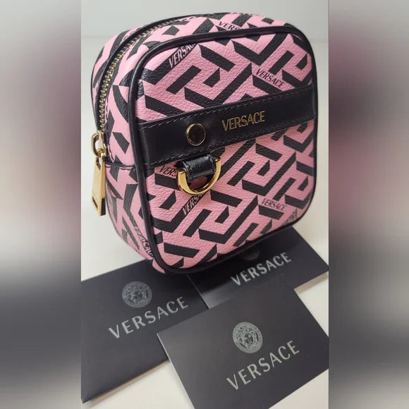 Versace Pink and Black Grecca Pattern Coin Case with Cards.