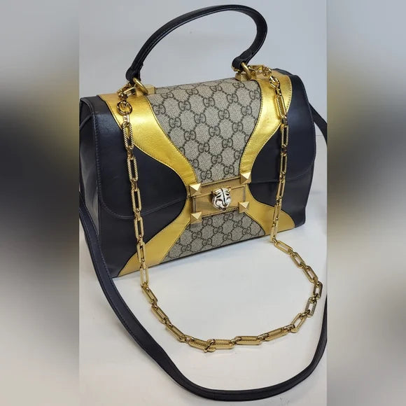Gucci GG Supreme Osiride Black & Gold Top Handle Bag