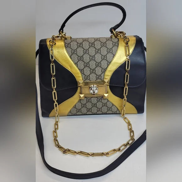 Gucci GG Supreme Osiride Black & Gold Top Handle Bag