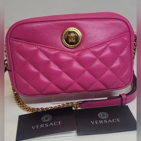 Versace La Medusa Pink Quilted Crossbody Camera Bag