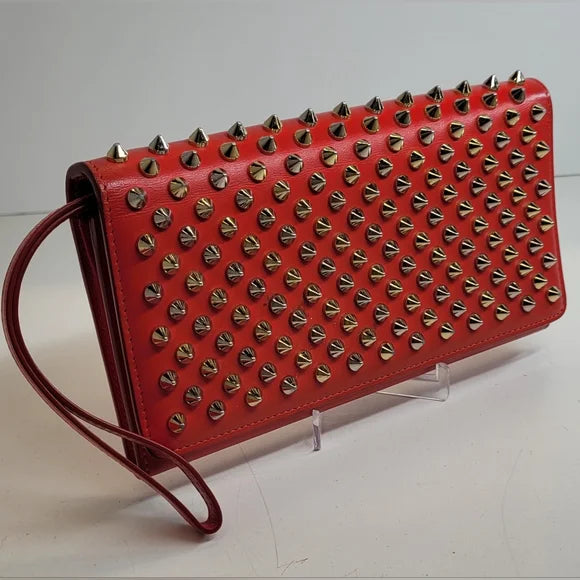 Christian Louboutin Red Leather Macaron Spiked Clutch / Wallet