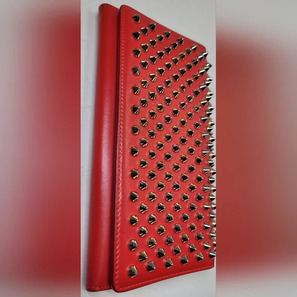 Christian Louboutin Red Leather Macaron Spiked Clutch / Wallet