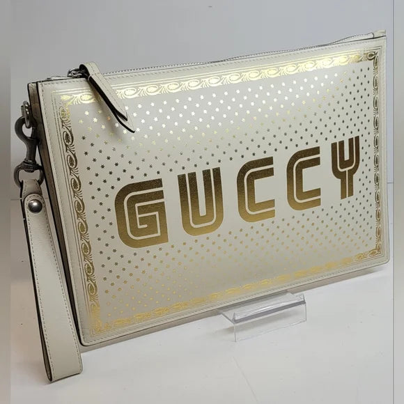Gucci Guccy X Sega White Calf Leather Large Clutch Limited Edition.