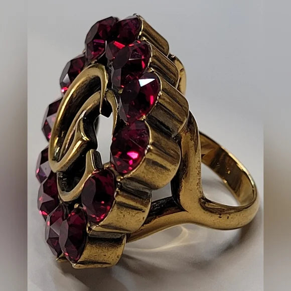 Gucci Marmont Double G Pink Crystal Gold Ring