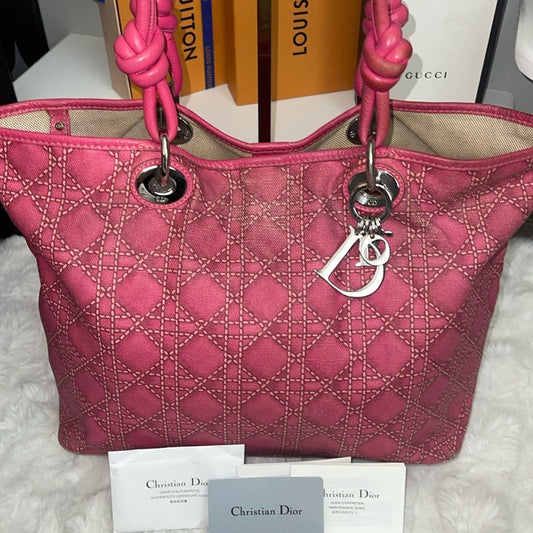 DIOR PINK CANNAGE PRINT CANVAS TOTE BAG, Leather Knot Straps, COA cards