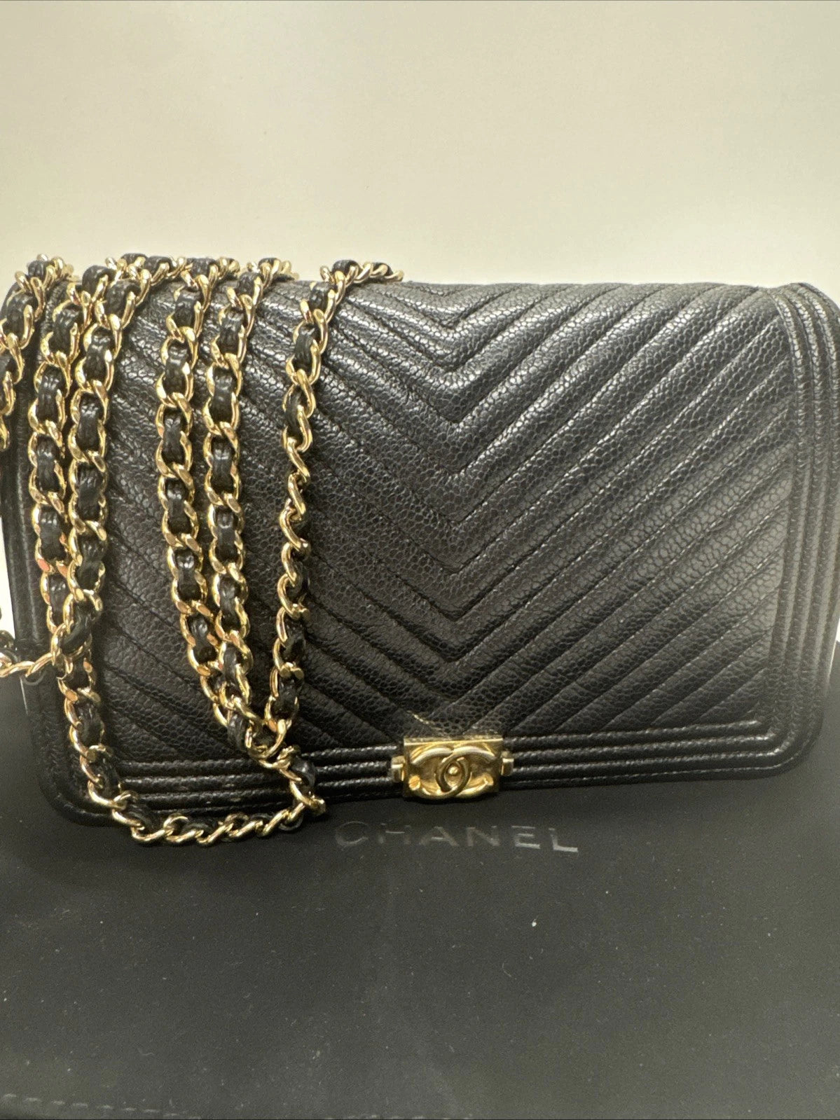 Chanel Boy Black Caviar Chevron Wallet On A Chain Series 24