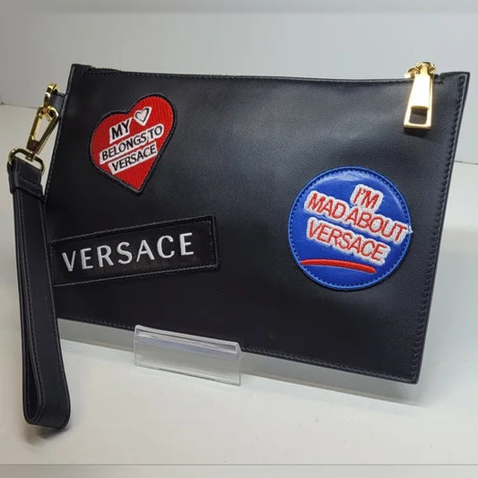 Versace Black Leather Embroidered Limited edition Logo Clutch
