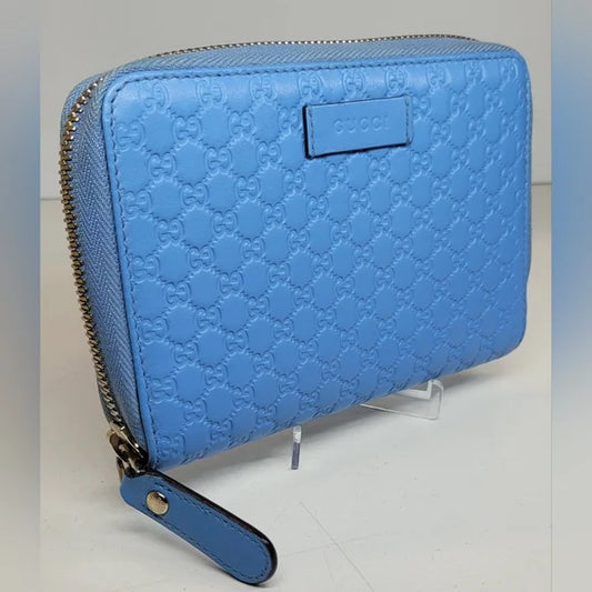Gucci Micro Guccissima Light Blue Leather Zippy Wallet