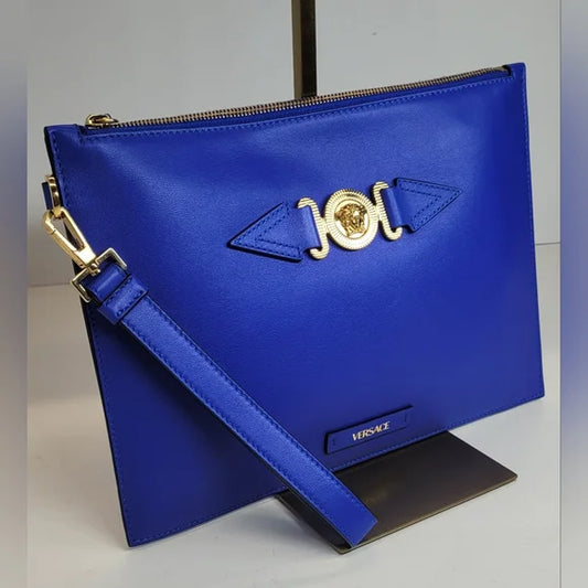 Versace La Medusa Blue Leather Biggie Pouch