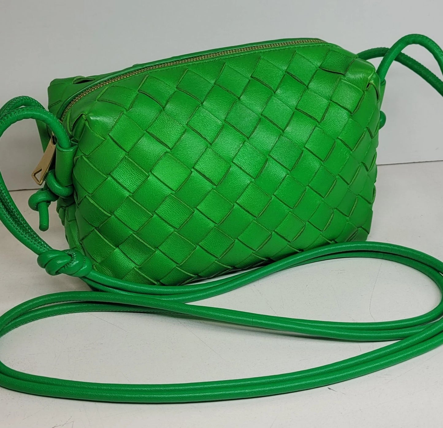 Bottega Veneta Green Woven Leather Small Loop Camera Bag