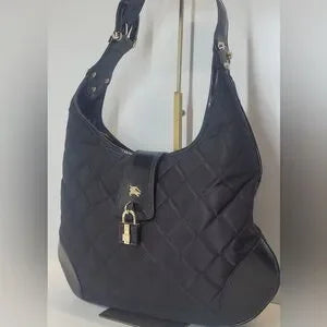 Burberry Black Quilted Nylon Brook Hobo Shoulder Bag with Patent Trim