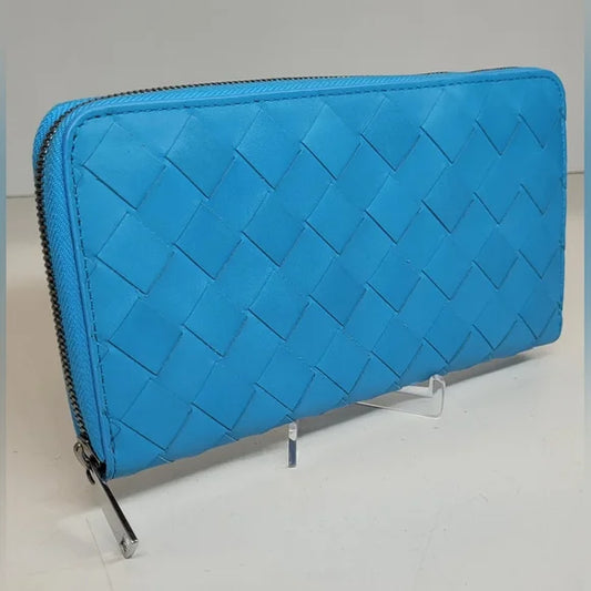 Bottega Veneta Light Blue Lambskin Long Zippy Wallet.