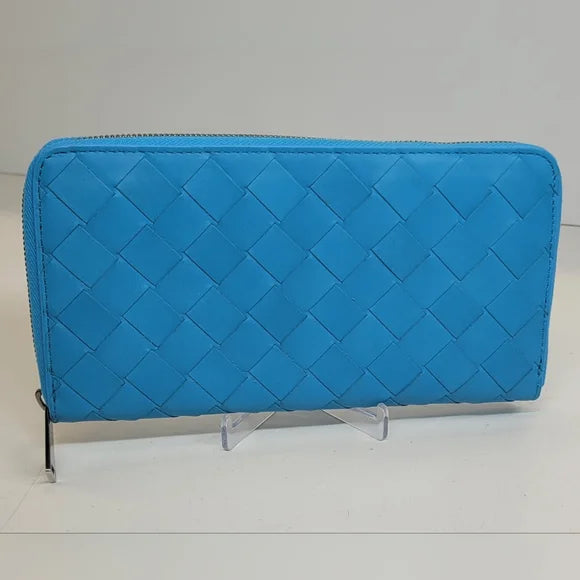 Bottega Veneta Light Blue Lambskin Long Zippy Wallet.