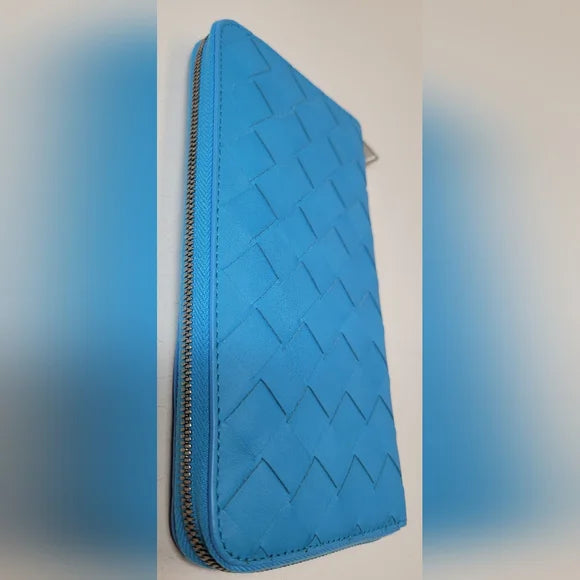 Bottega Veneta Light Blue Lambskin Long Zippy Wallet.