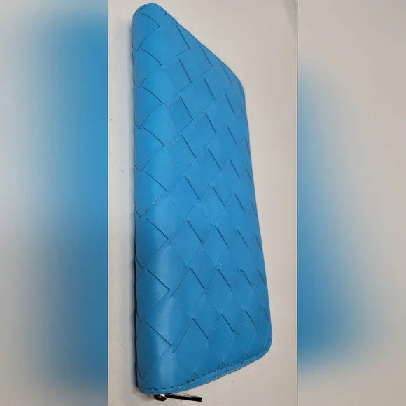 Bottega Veneta Light Blue Lambskin Long Zippy Wallet.
