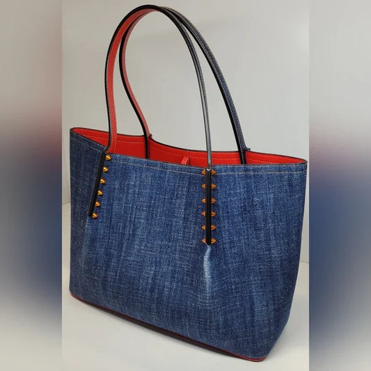 SOLD! Christian Louboutin Cabarock Spiked Denim Tote Bag